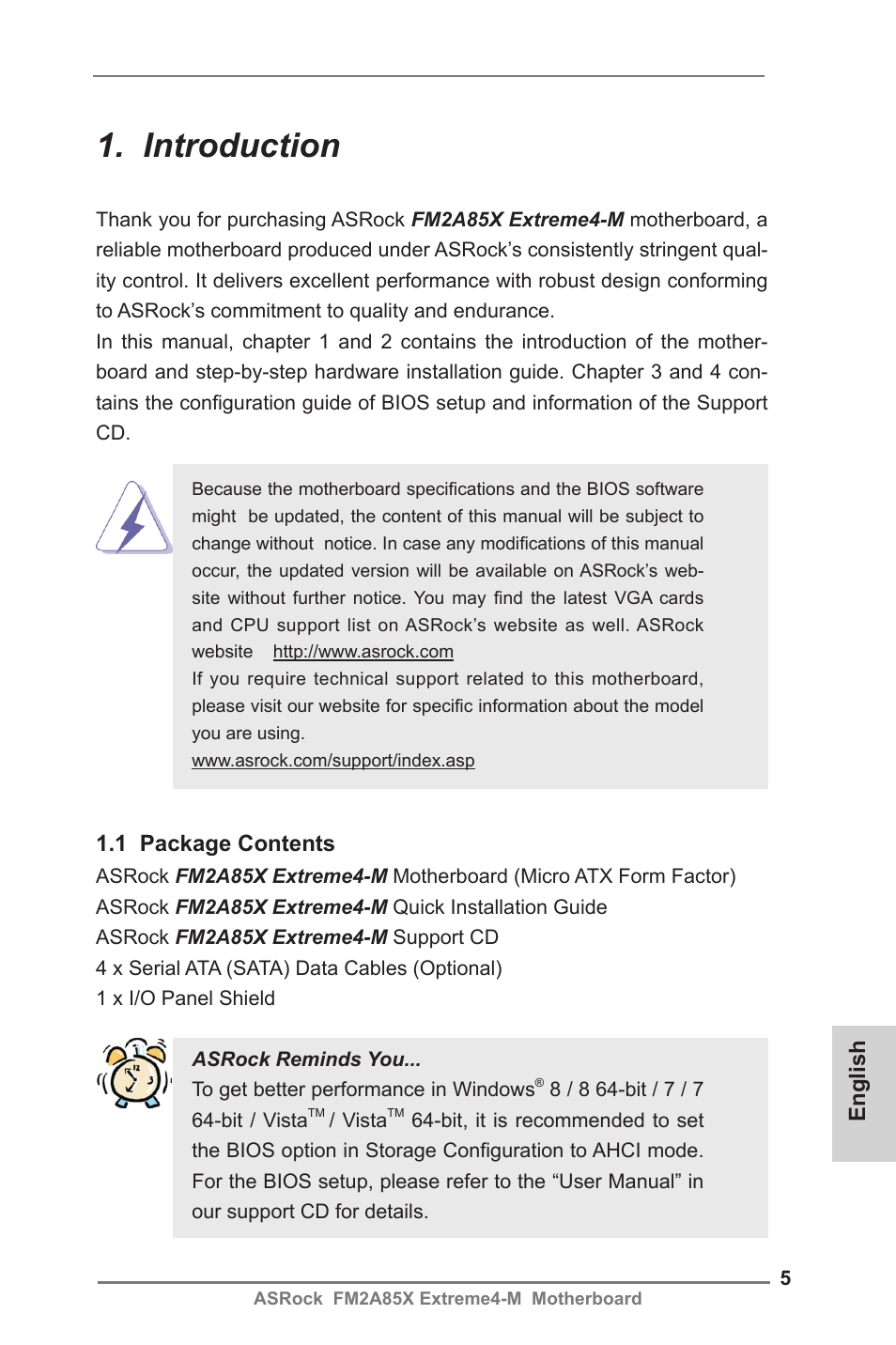 Introduction, 1 package contents, English | ASRock FM2A85X Extreme4-M User Manual | Page 5 / 176