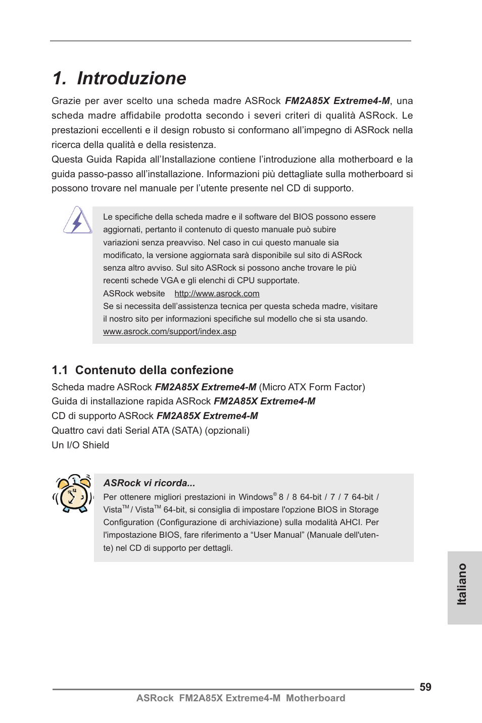 Italian, Introduzione, 1 contenuto della confezione | Italiano | ASRock FM2A85X Extreme4-M User Manual | Page 59 / 176