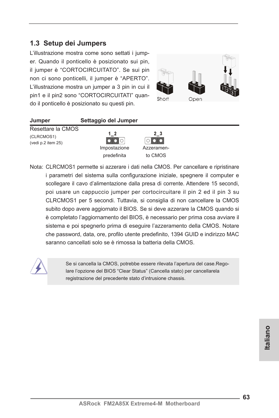 3 setup dei jumpers, Italiano | ASRock FM2A85X Extreme4-M User Manual | Page 63 / 176