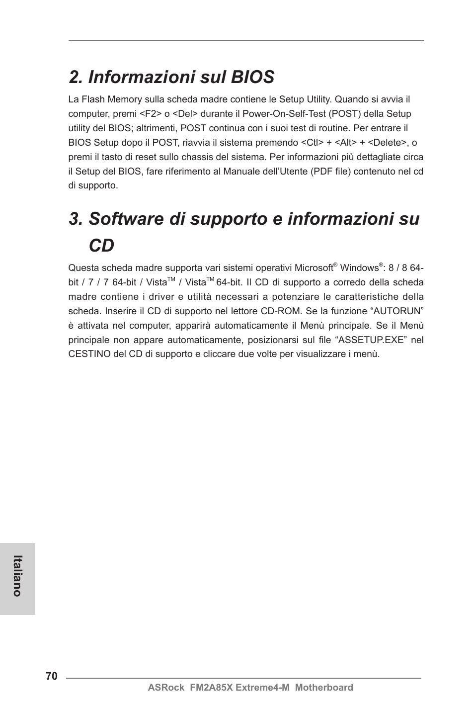 Informazioni sul bios, Software di supporto e informazioni su cd, Italiano | ASRock FM2A85X Extreme4-M User Manual | Page 70 / 176