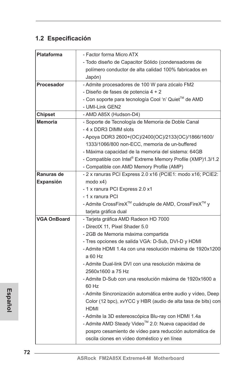 2 especificación, Español | ASRock FM2A85X Extreme4-M User Manual | Page 72 / 176
