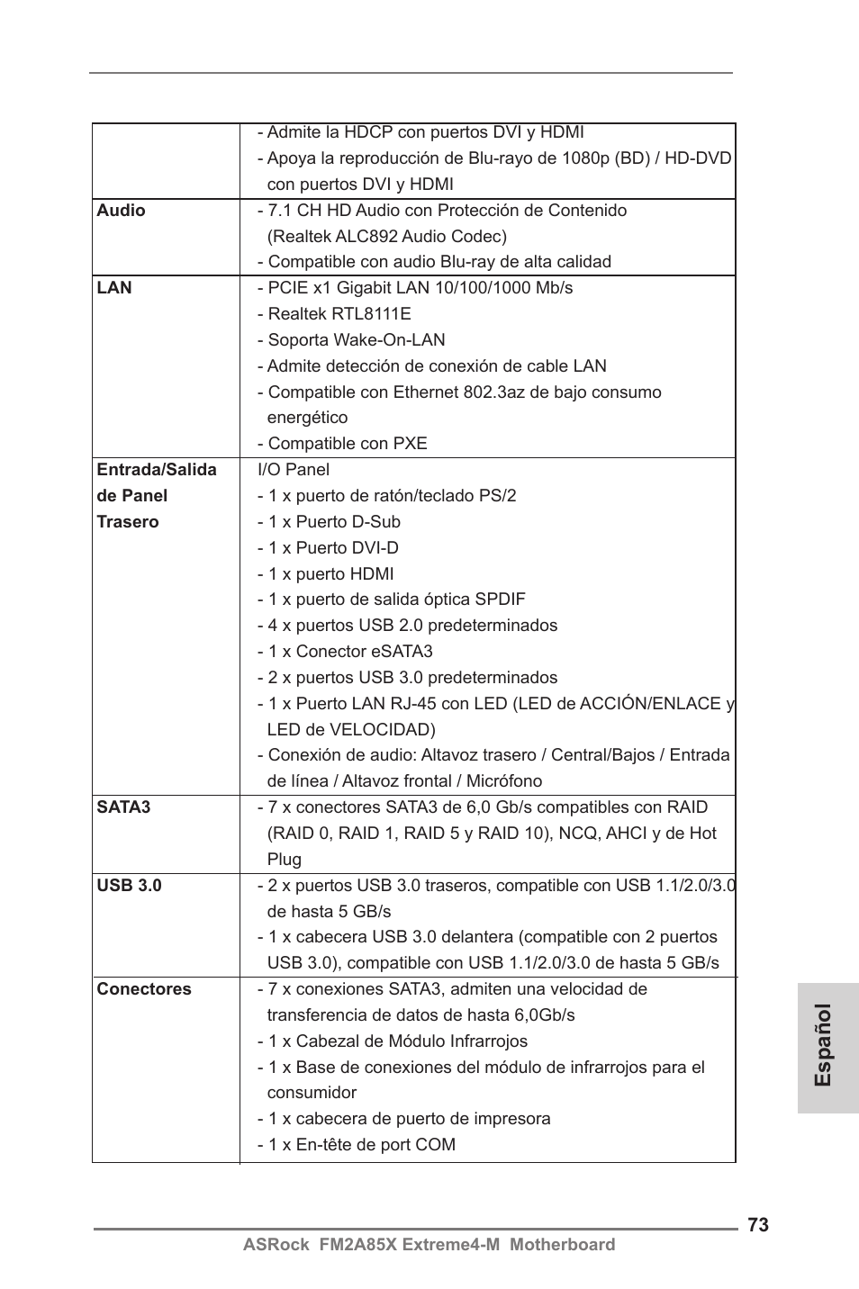 Español | ASRock FM2A85X Extreme4-M User Manual | Page 73 / 176