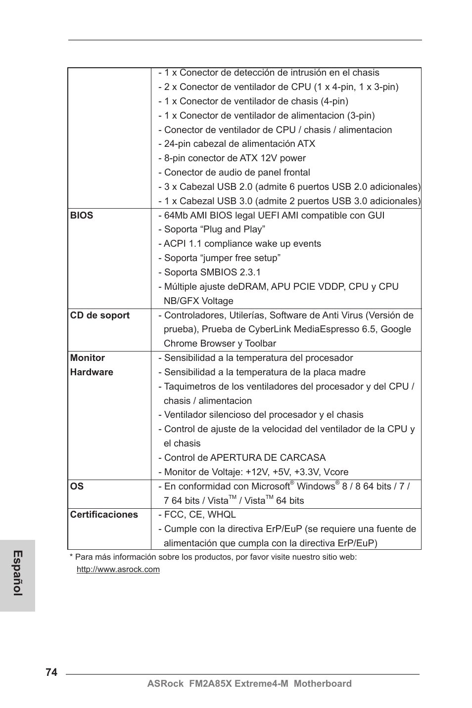 Español | ASRock FM2A85X Extreme4-M User Manual | Page 74 / 176