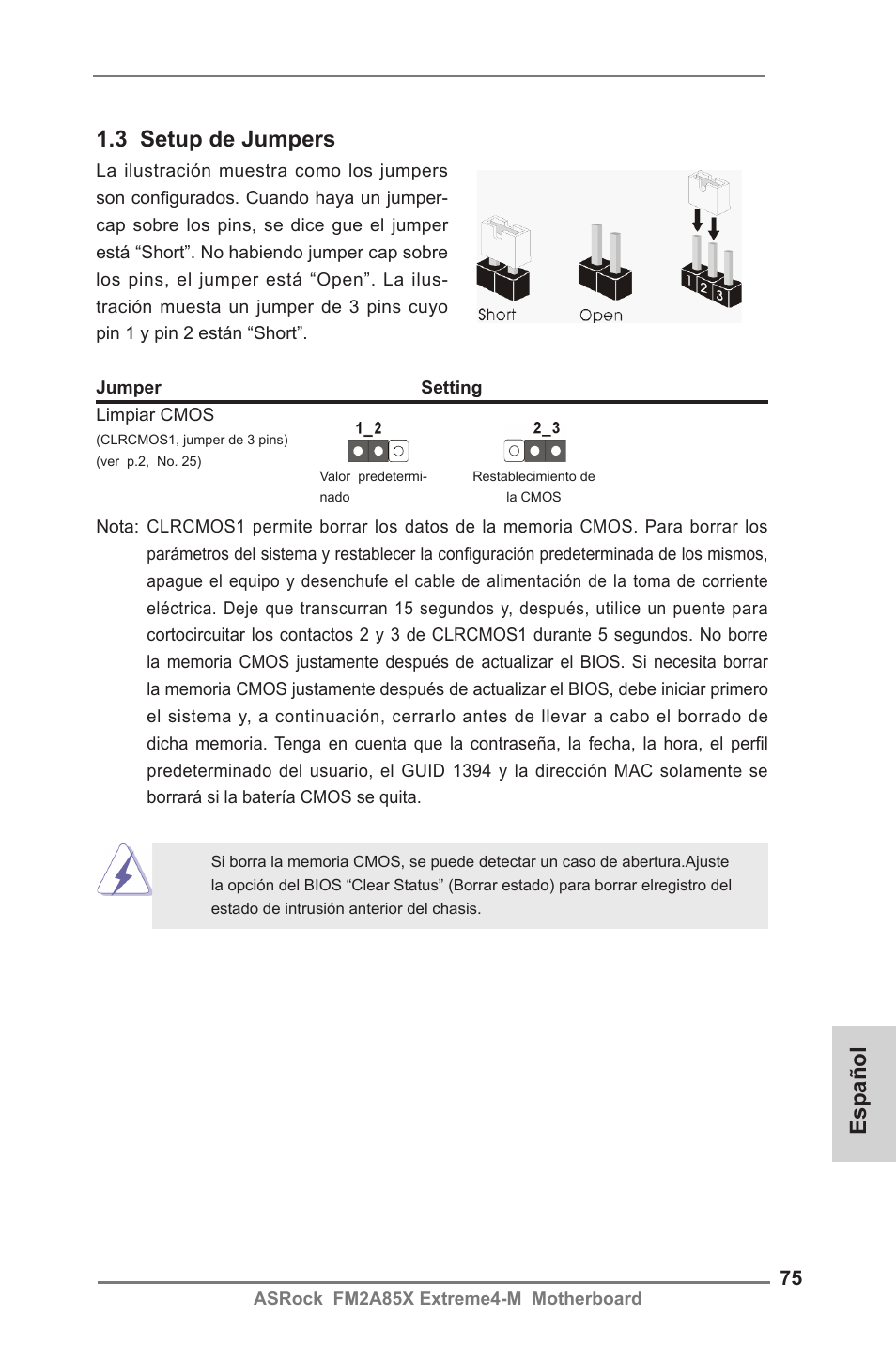 3 setup de jumpers, Español | ASRock FM2A85X Extreme4-M User Manual | Page 75 / 176
