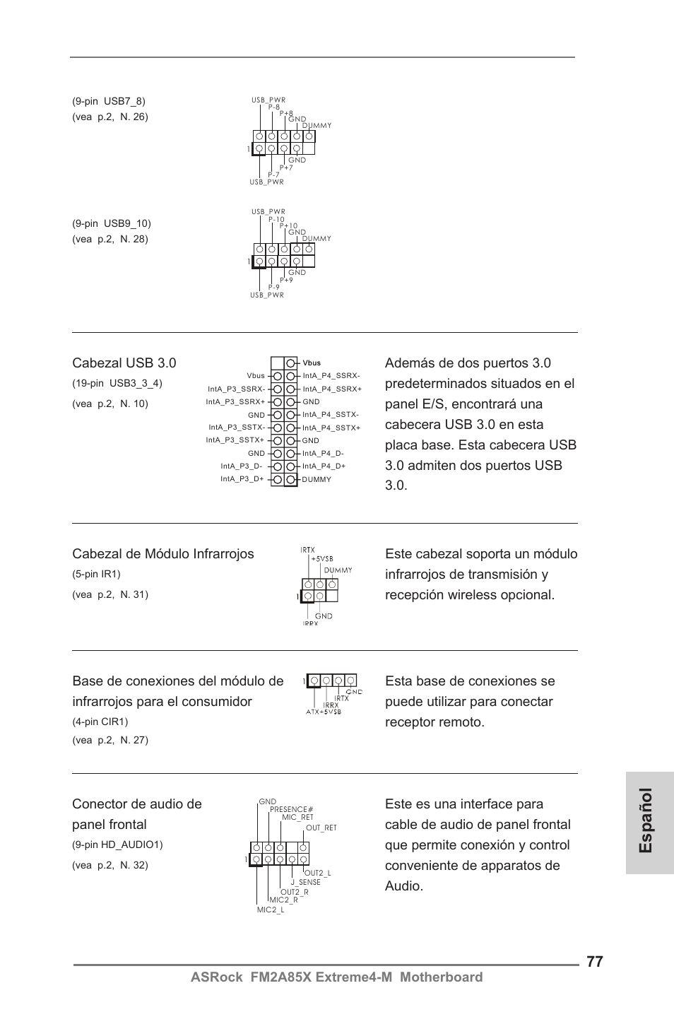 Español, Asrock fm2a85x extreme4-m motherboard, Cabezal usb 3.0 además de dos puertos 3.0 | Predeterminados situados en el, Que permite conexión y control, Infrarrojos de transmisión y, Receptor remoto | ASRock FM2A85X Extreme4-M User Manual | Page 77 / 176