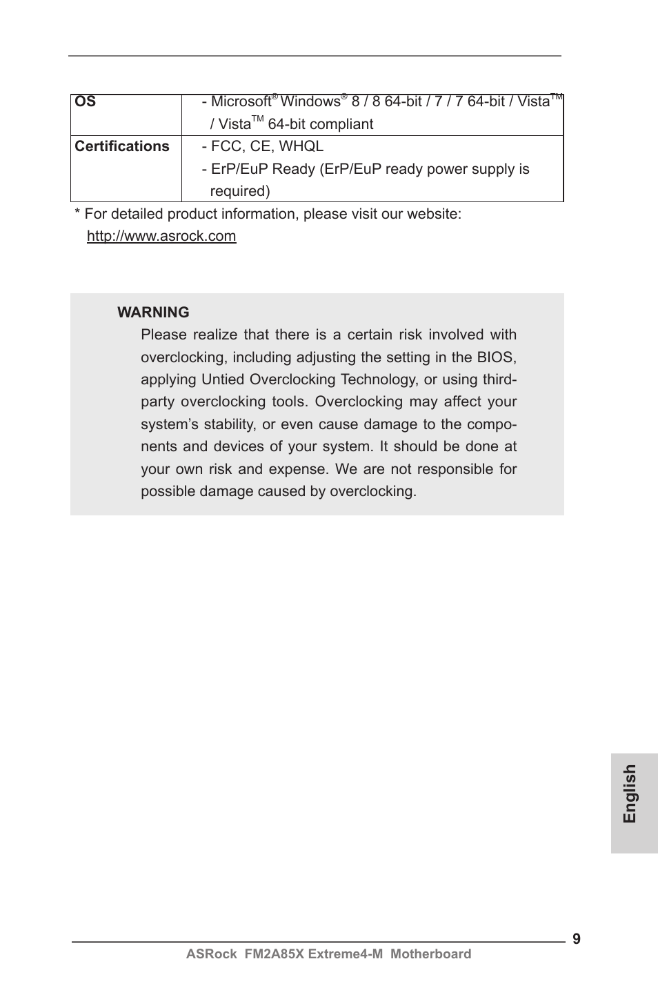 English | ASRock FM2A85X Extreme4-M User Manual | Page 9 / 176