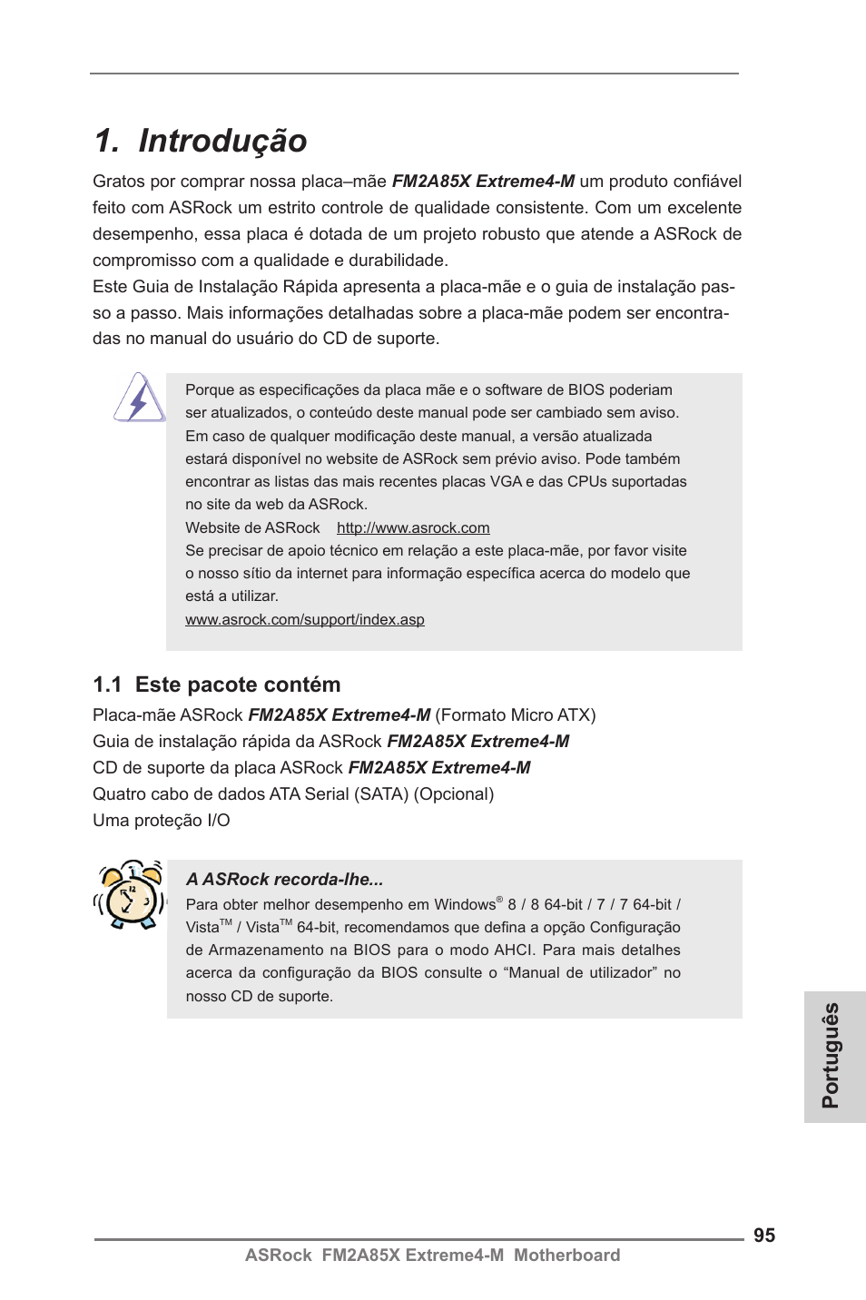 Portuguese, Introdução, Português | 1 este pacote contém | ASRock FM2A85X Extreme4-M User Manual | Page 95 / 176