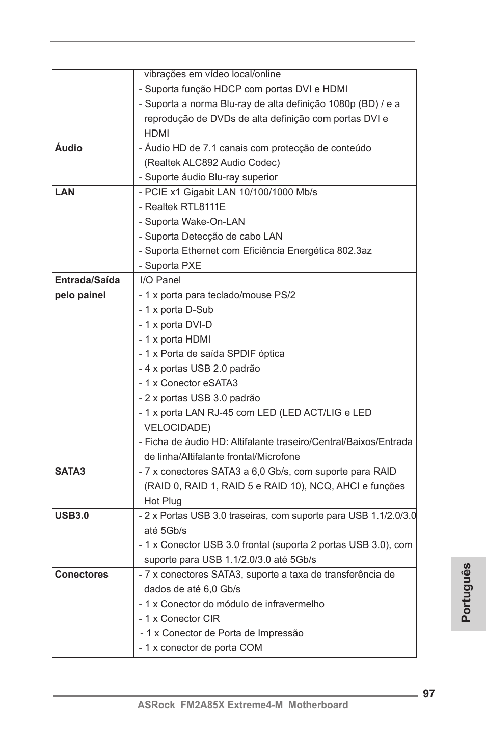Português | ASRock FM2A85X Extreme4-M User Manual | Page 97 / 176