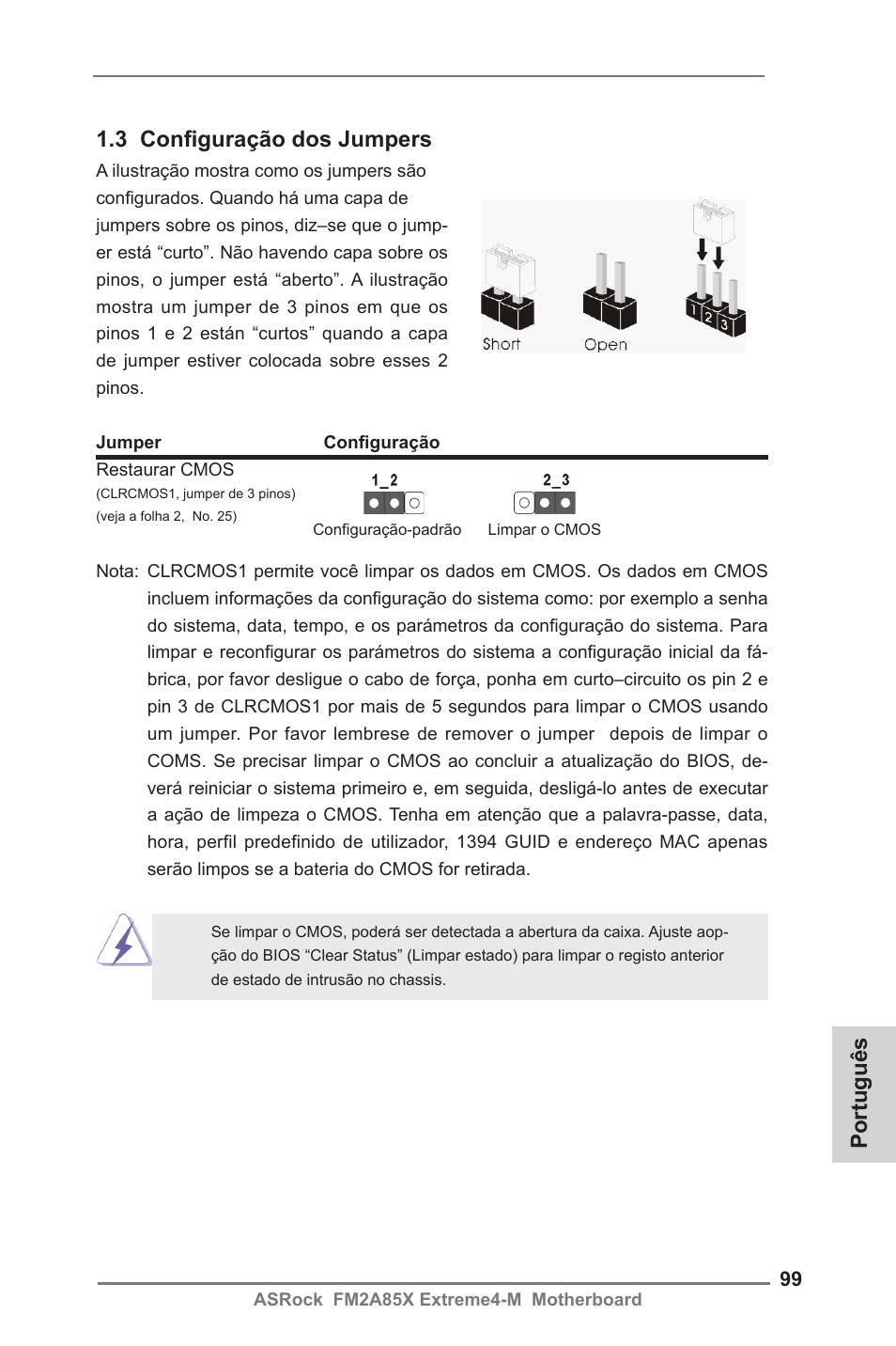 Português 1.3 configuração dos jumpers | ASRock FM2A85X Extreme4-M User Manual | Page 99 / 176