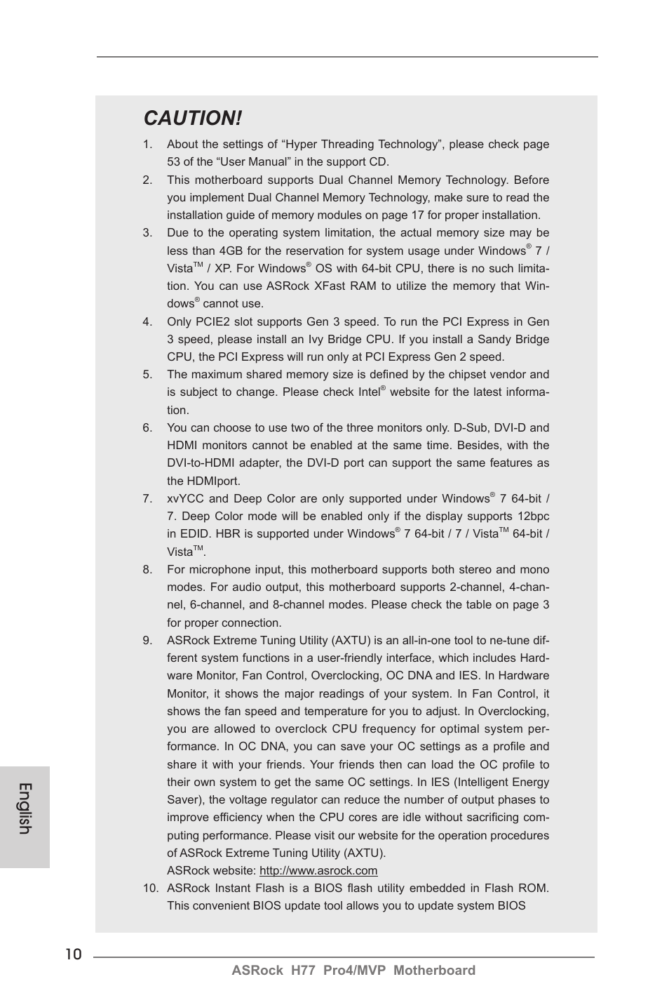 Caution, English, Asrock h77 pro4/mvp motherboard | ASRock H77 Pro4__MVP User Manual | Page 10 / 208