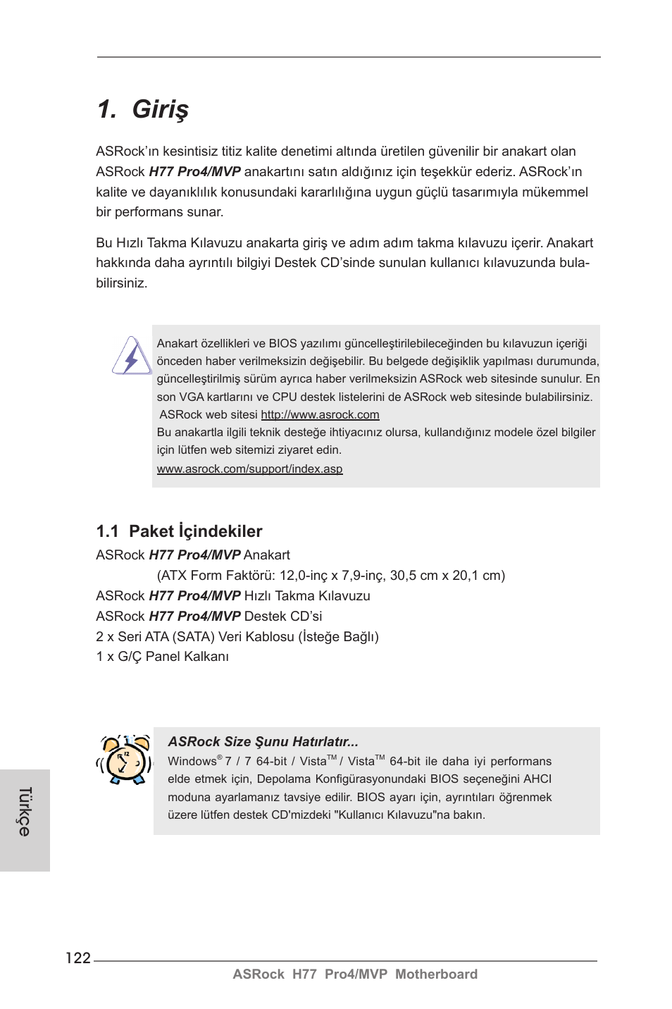 Turkish, Giriş, 1 paket içindekiler | Türkçe | ASRock H77 Pro4__MVP User Manual | Page 122 / 208