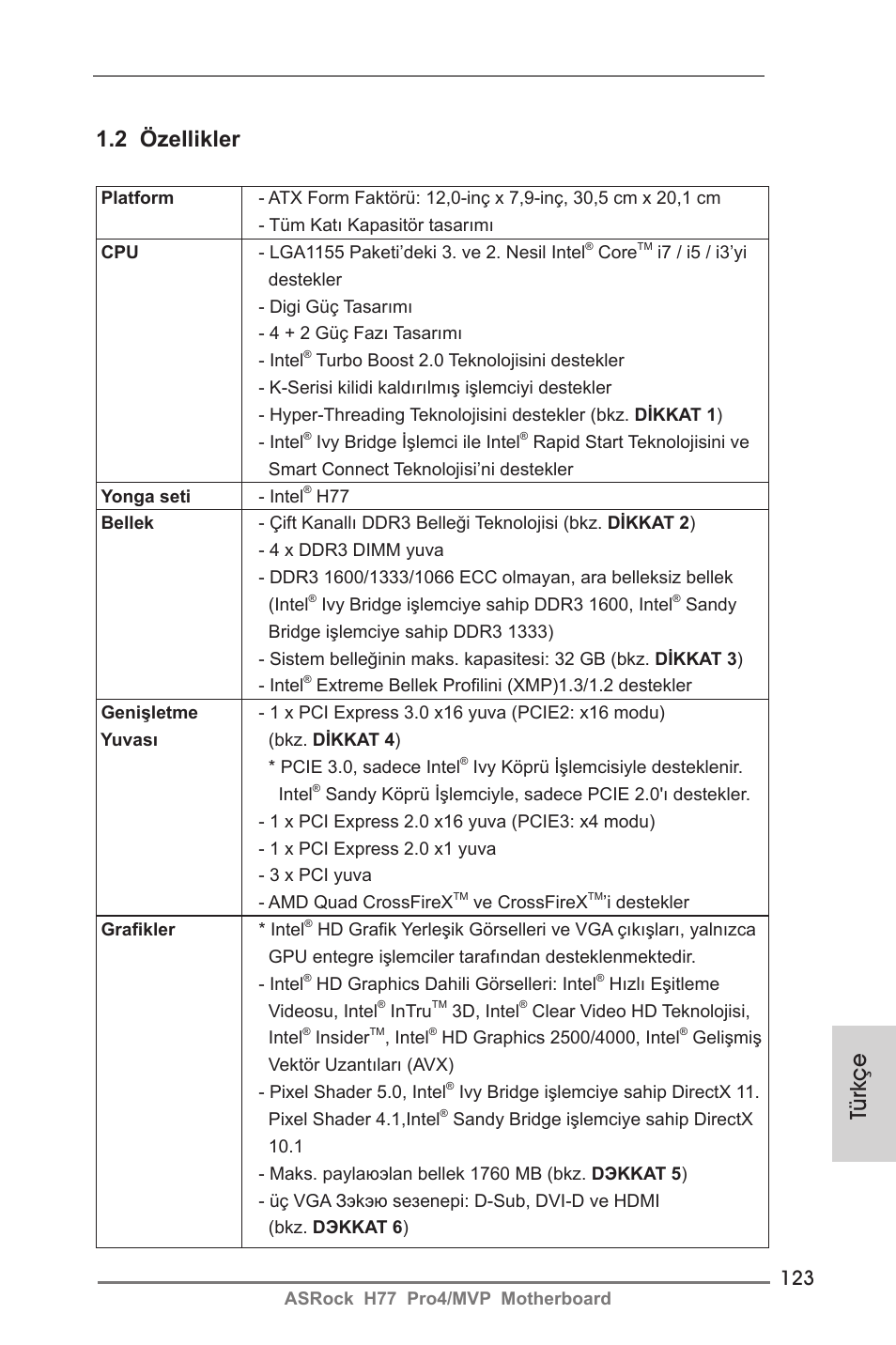 2 özellikler, Türkçe | ASRock H77 Pro4__MVP User Manual | Page 123 / 208