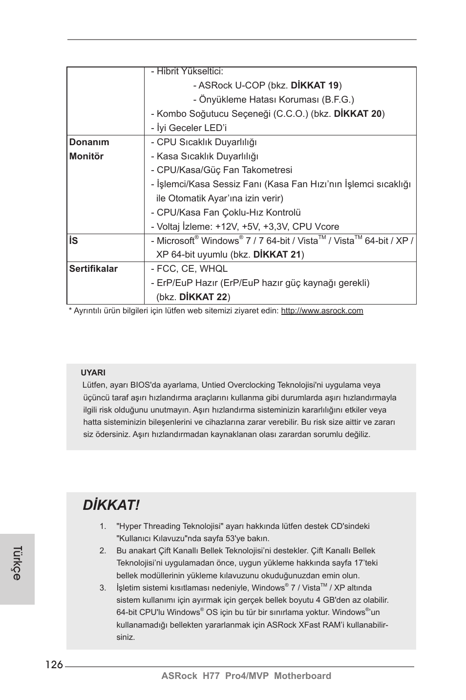 Dikkat, Türkçe | ASRock H77 Pro4__MVP User Manual | Page 126 / 208