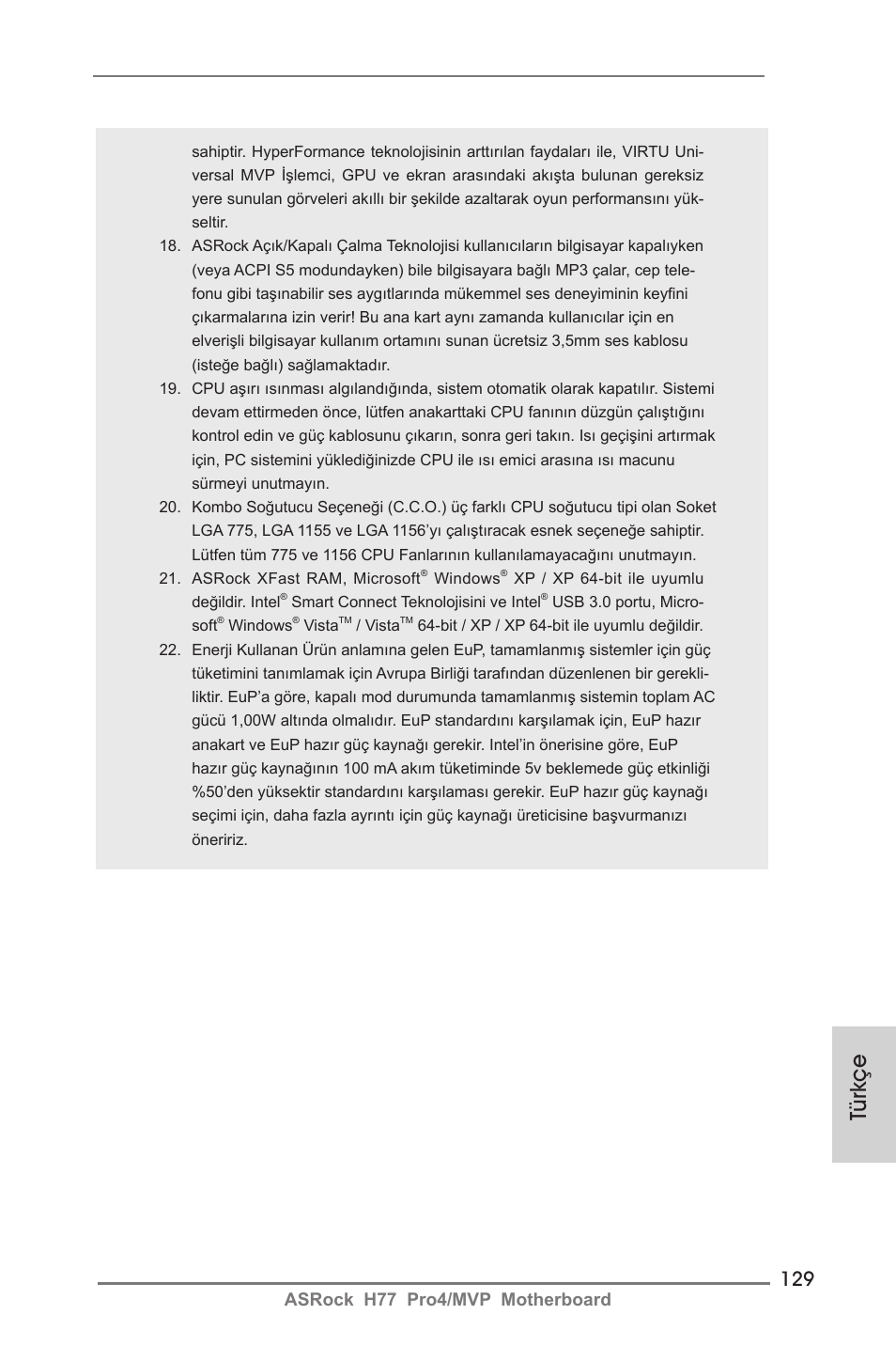 Türkçe, Asrock h77 pro4/mvp motherboard | ASRock H77 Pro4__MVP User Manual | Page 129 / 208
