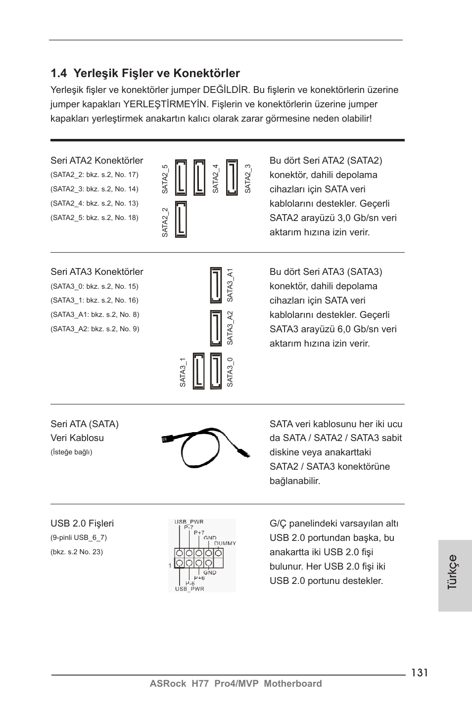 4 yerleşik fişler ve konektörler, Türkçe | ASRock H77 Pro4__MVP User Manual | Page 131 / 208