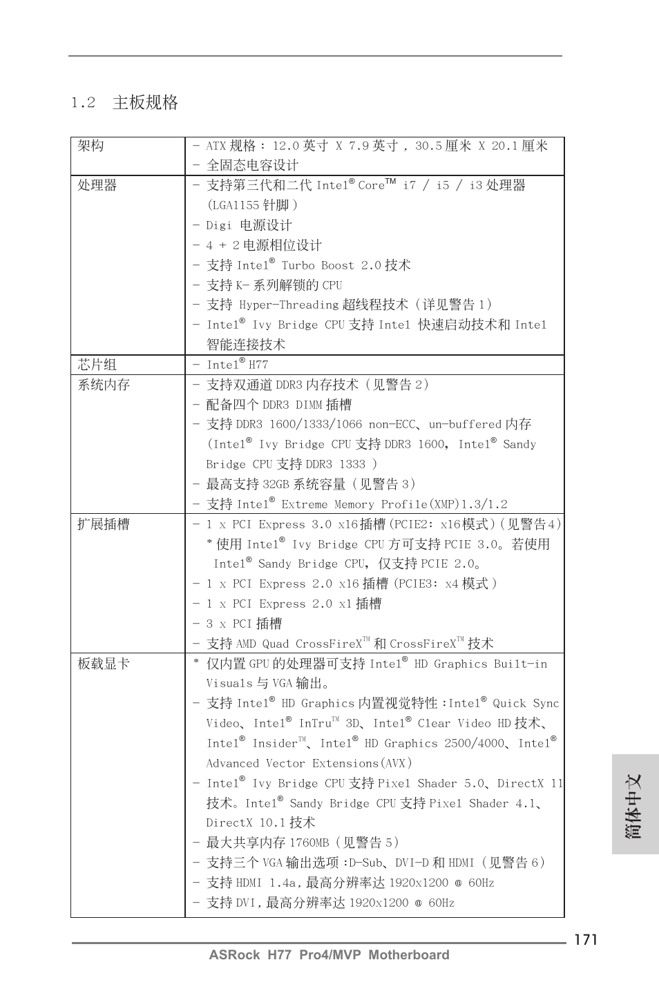 2 主板規格, 簡體中文 | ASRock H77 Pro4__MVP User Manual | Page 171 / 208