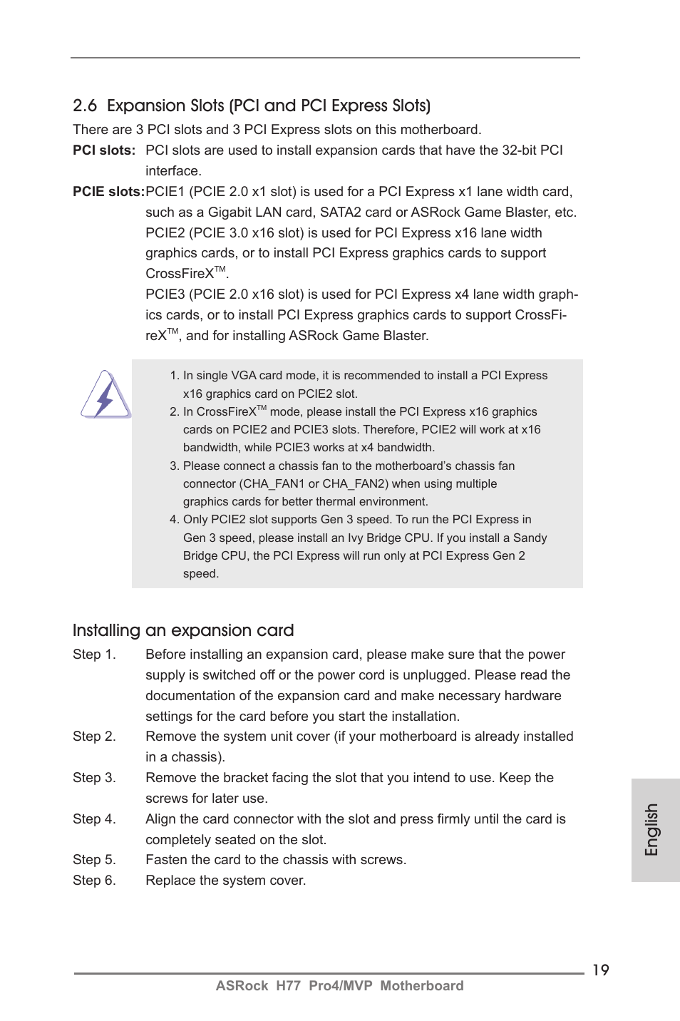 6 expansion slots (pci and pci express slots), Installing an expansion card, English | ASRock H77 Pro4__MVP User Manual | Page 19 / 208
