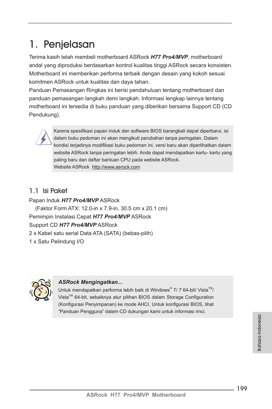 Indonesian, Penjelasan, 1 isi paket | ASRock H77 Pro4__MVP User Manual | Page 199 / 208
