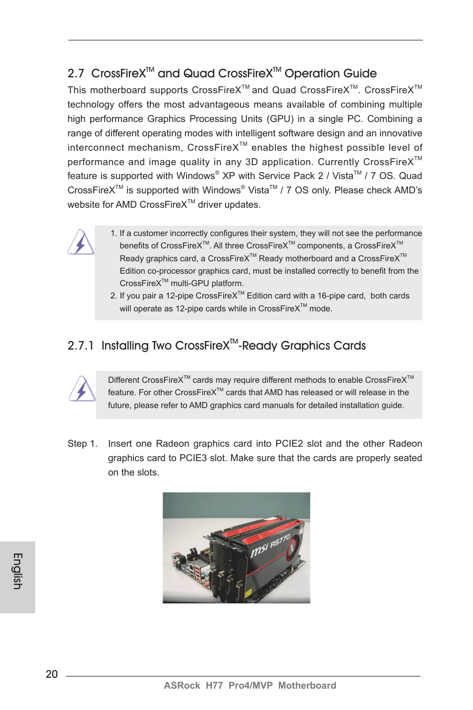 English, 7 crossfirex, And quad crossfirex | Operation guide, 1 installing two crossfirex, Ready graphics cards | ASRock H77 Pro4__MVP User Manual | Page 20 / 208