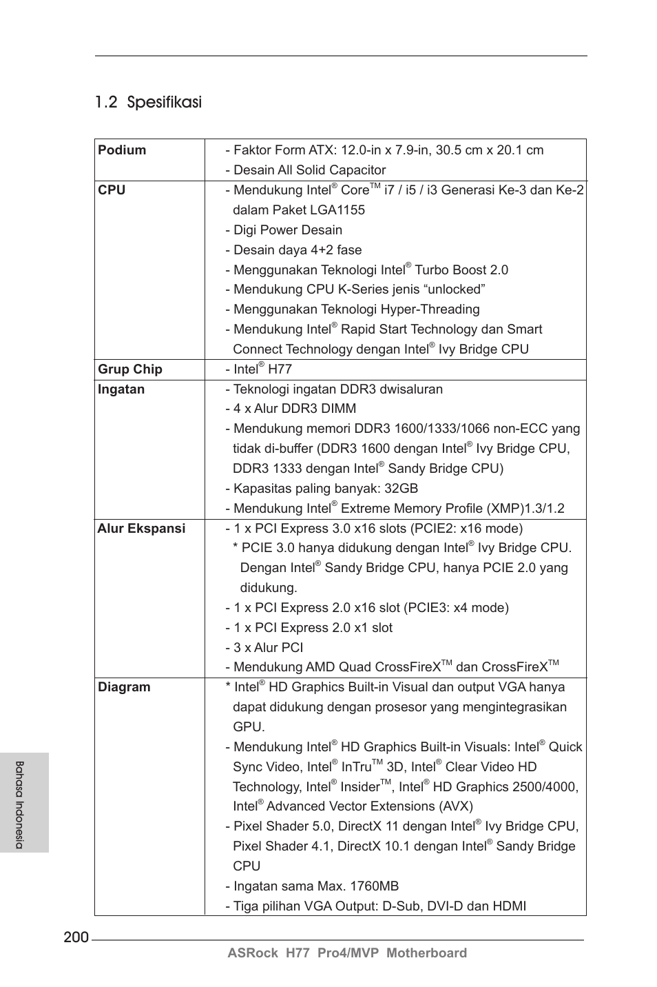 2 spesifikasi | ASRock H77 Pro4__MVP User Manual | Page 200 / 208