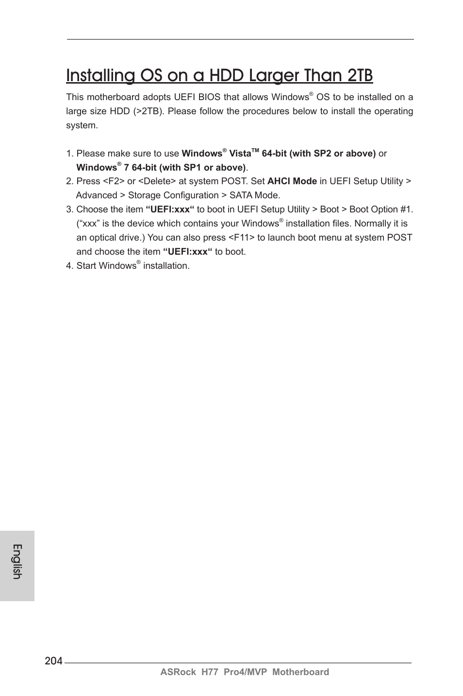 Installing os on a hdd larger than 2tb, English | ASRock H77 Pro4__MVP User Manual | Page 204 / 208