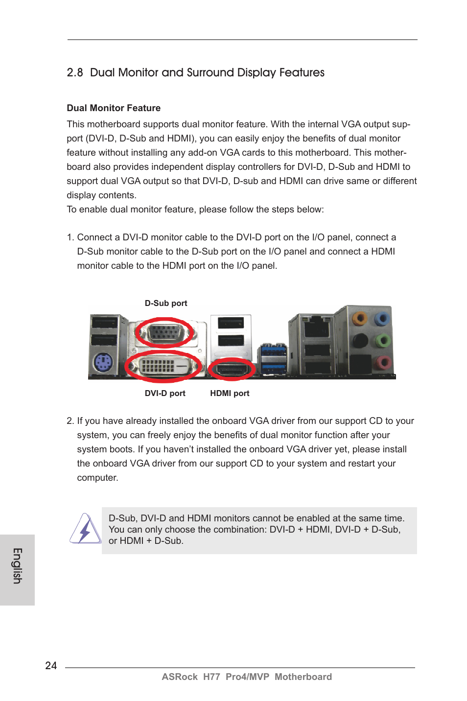 English, 8 dual monitor and surround display features | ASRock H77 Pro4__MVP User Manual | Page 24 / 208