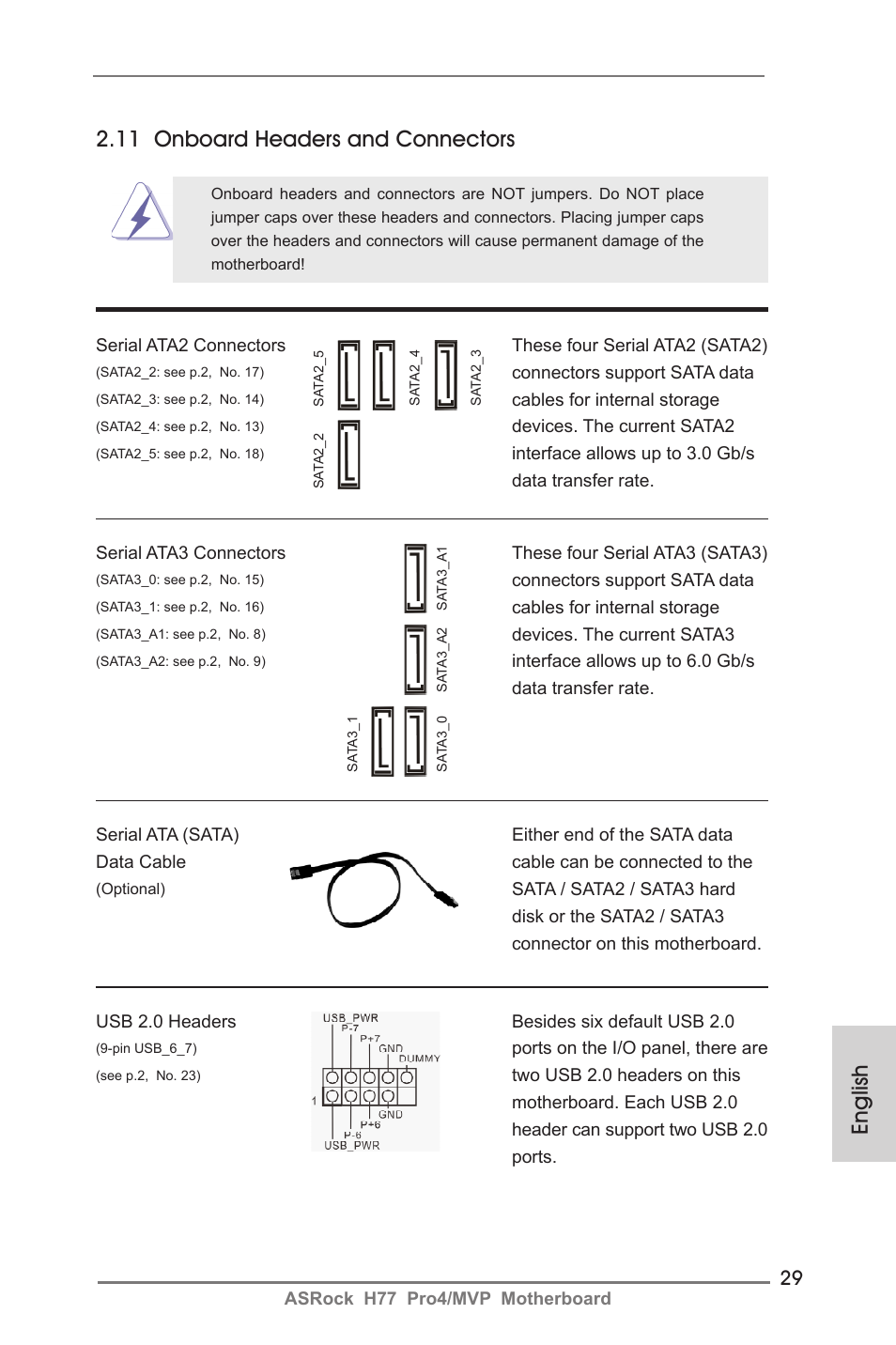 English 2.11 onboard headers and connectors | ASRock H77 Pro4__MVP User Manual | Page 29 / 208