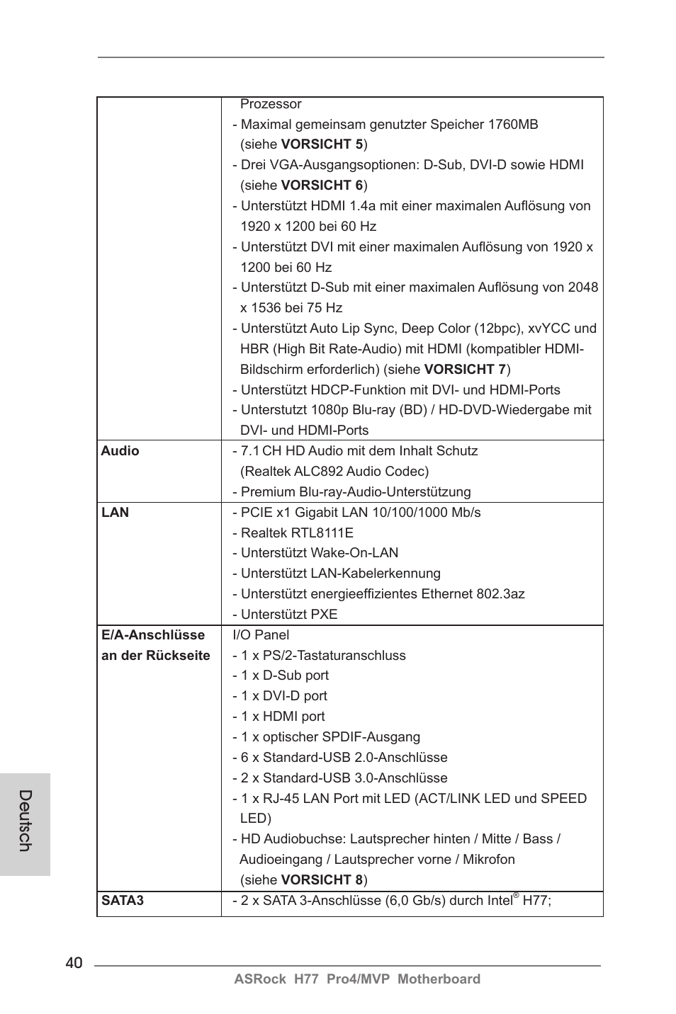 Deutsch | ASRock H77 Pro4__MVP User Manual | Page 40 / 208