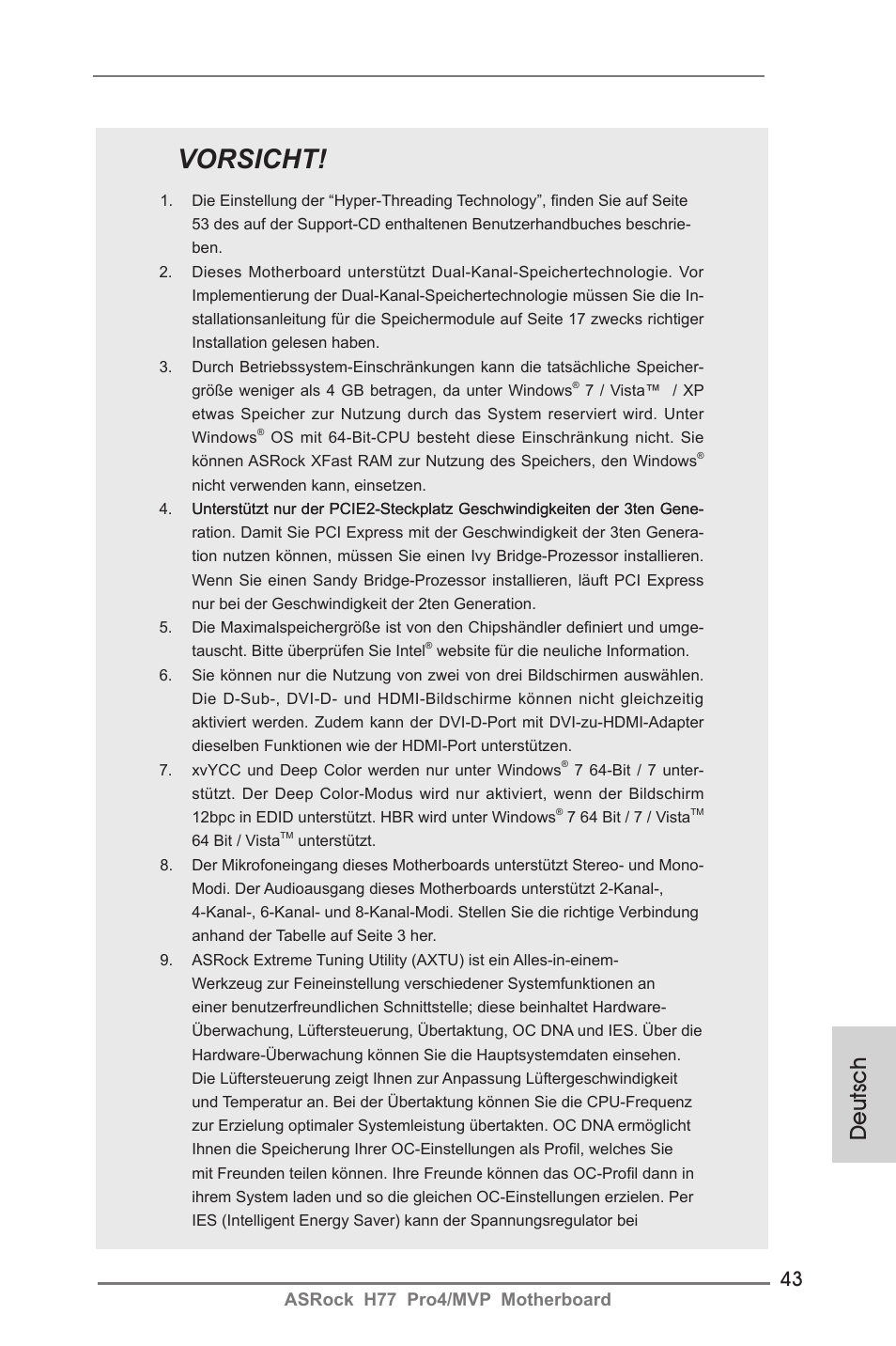 Vorsicht, Deutsch, Asrock h77 pro4/mvp motherboard | ASRock H77 Pro4__MVP User Manual | Page 43 / 208