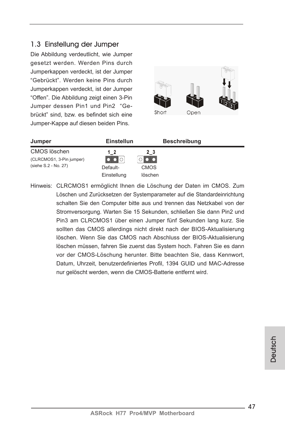 Deutsch 1.3 einstellung der jumper | ASRock H77 Pro4__MVP User Manual | Page 47 / 208