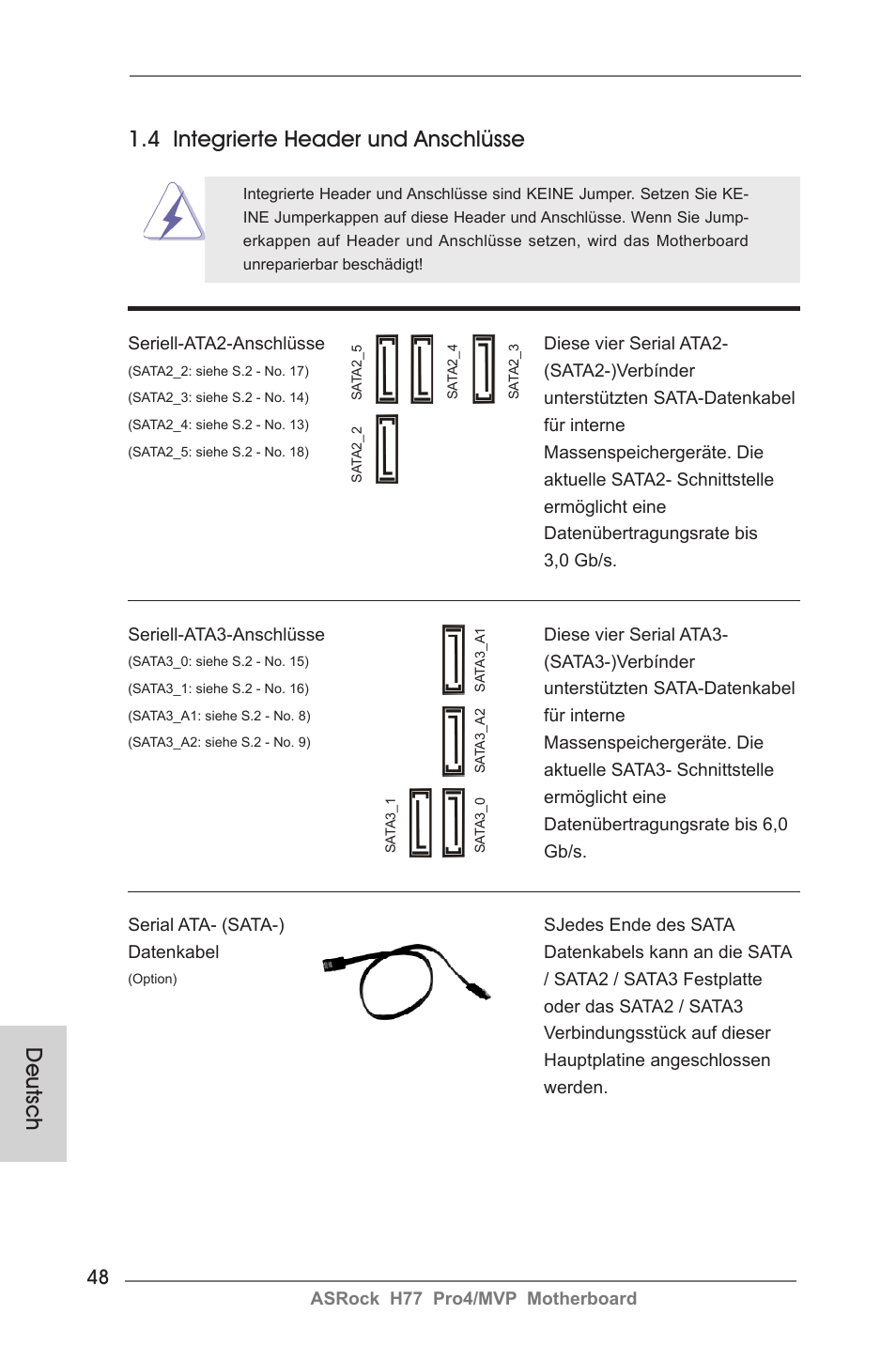 Deutsch, 4 integrierte header und anschlüsse | ASRock H77 Pro4__MVP User Manual | Page 48 / 208