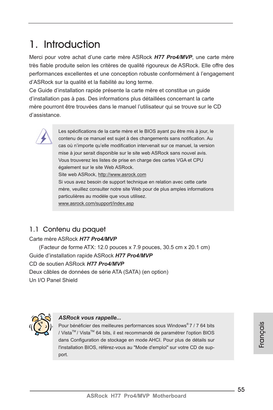 French, Introduction, Français | 1 contenu du paquet | ASRock H77 Pro4__MVP User Manual | Page 55 / 208