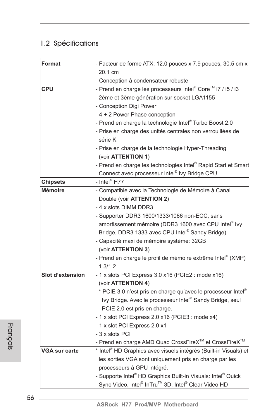 Français 1.2 spécifications | ASRock H77 Pro4__MVP User Manual | Page 56 / 208