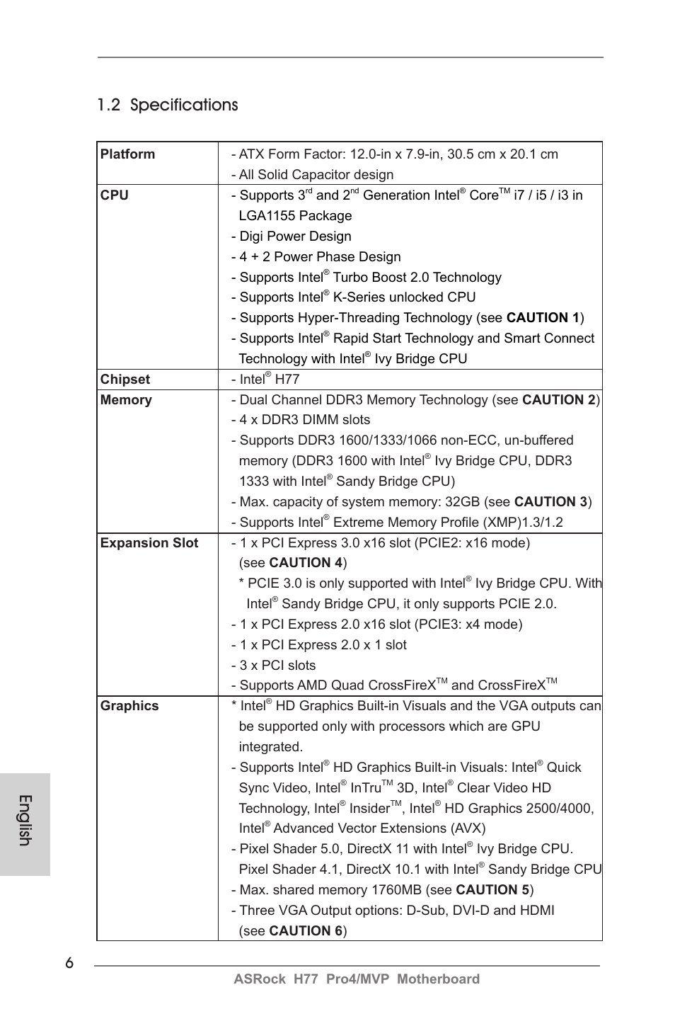 English 1.2 specifications | ASRock H77 Pro4__MVP User Manual | Page 6 / 208