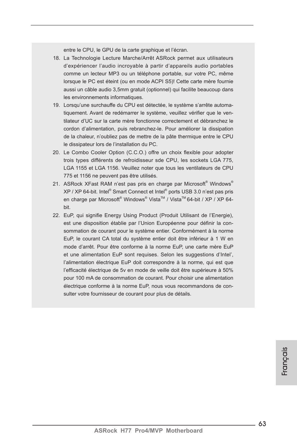 Français, Asrock h77 pro4/mvp motherboard | ASRock H77 Pro4__MVP User Manual | Page 63 / 208
