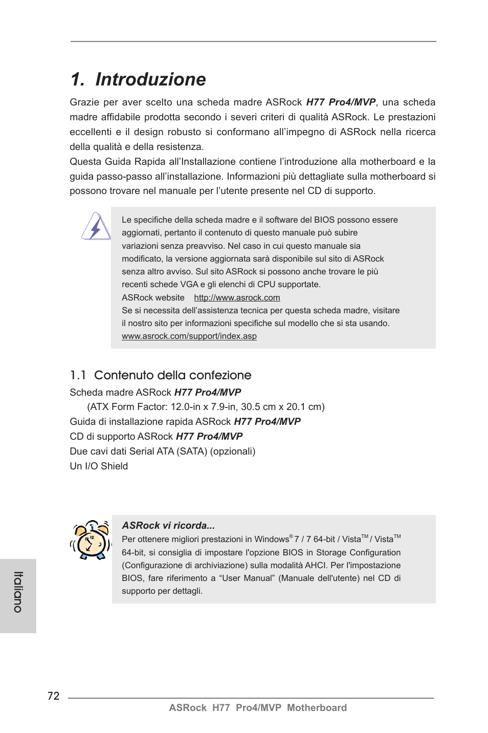 Italian, Introduzione, 1 contenuto della confezione | Italiano | ASRock H77 Pro4__MVP User Manual | Page 72 / 208