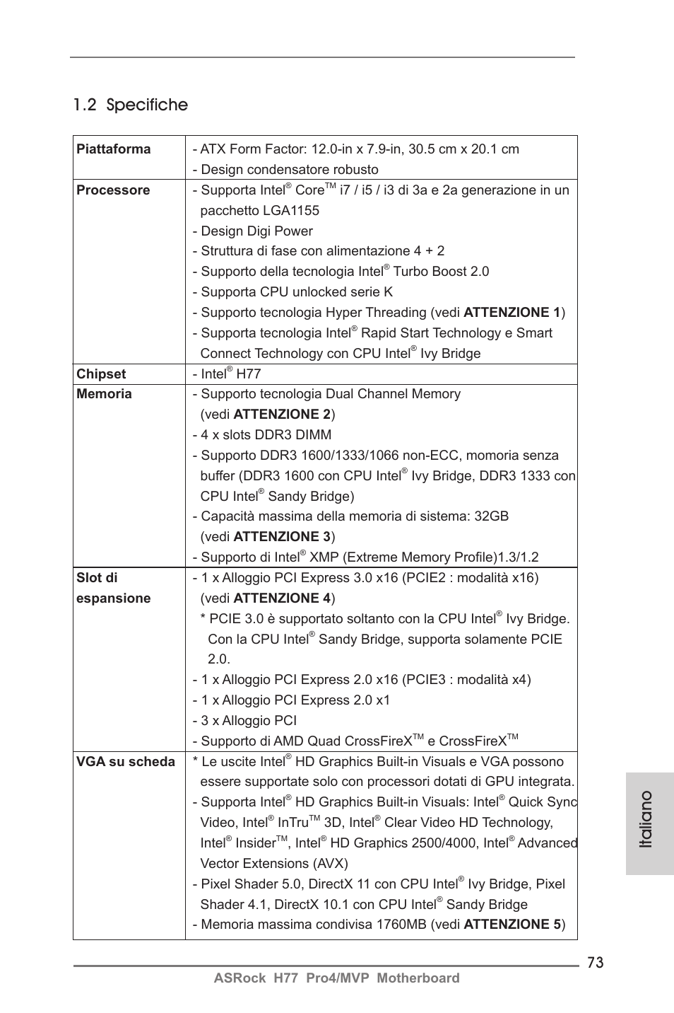 Italiano 1.2 specifiche | ASRock H77 Pro4__MVP User Manual | Page 73 / 208