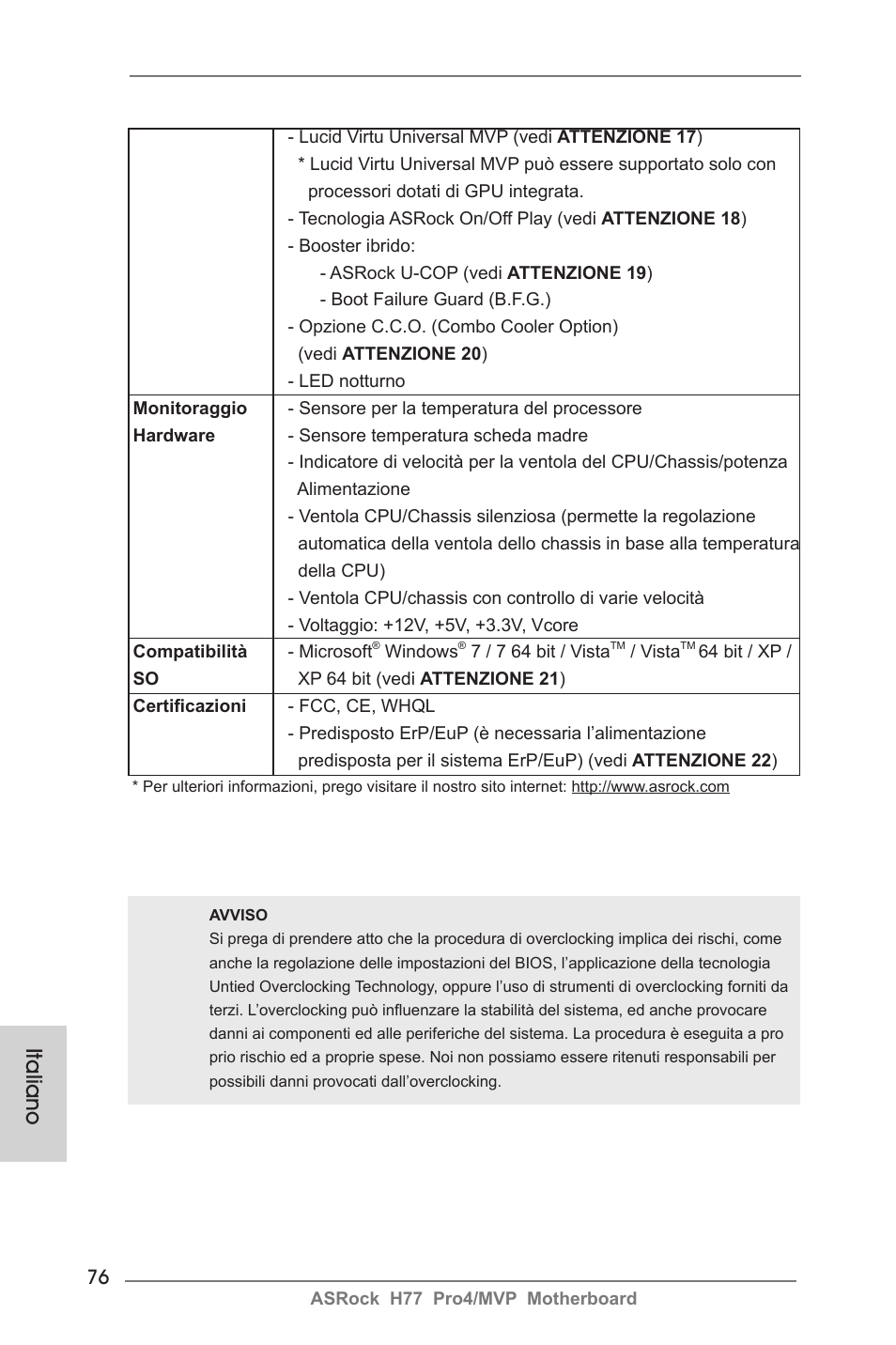 Italiano | ASRock H77 Pro4__MVP User Manual | Page 76 / 208