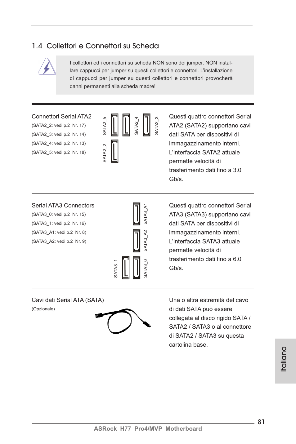 Italiano 1.4 collettori e connettori su scheda | ASRock H77 Pro4__MVP User Manual | Page 81 / 208