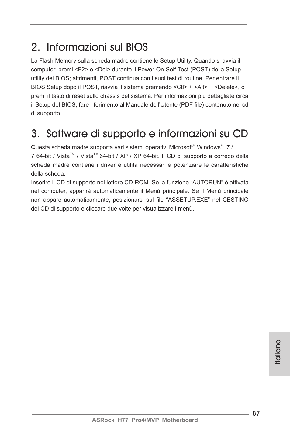 Informazioni sul bios, Software di supporto e informazioni su cd, Italiano | ASRock H77 Pro4__MVP User Manual | Page 87 / 208