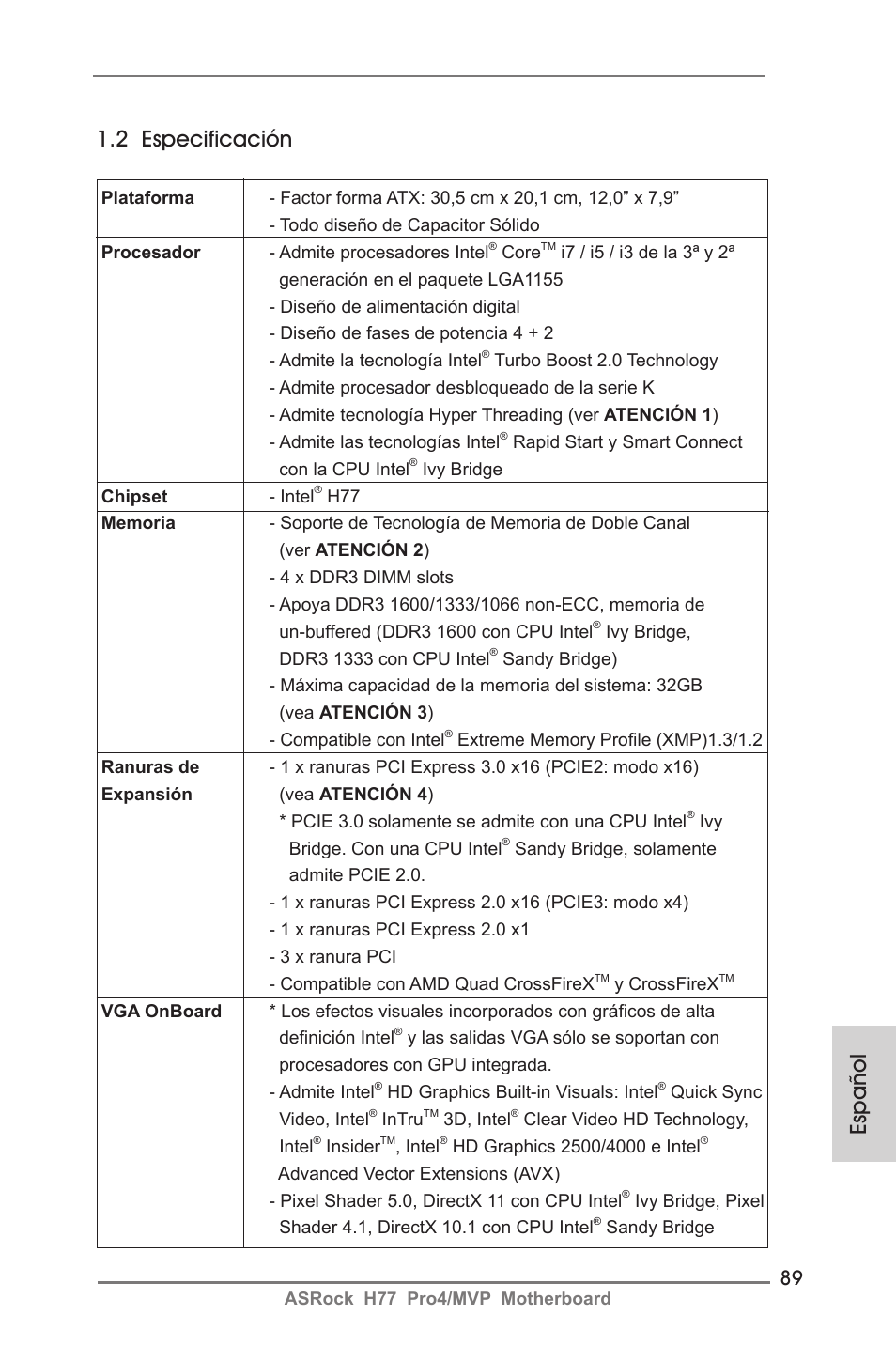 Español 1.2 especificación | ASRock H77 Pro4__MVP User Manual | Page 89 / 208