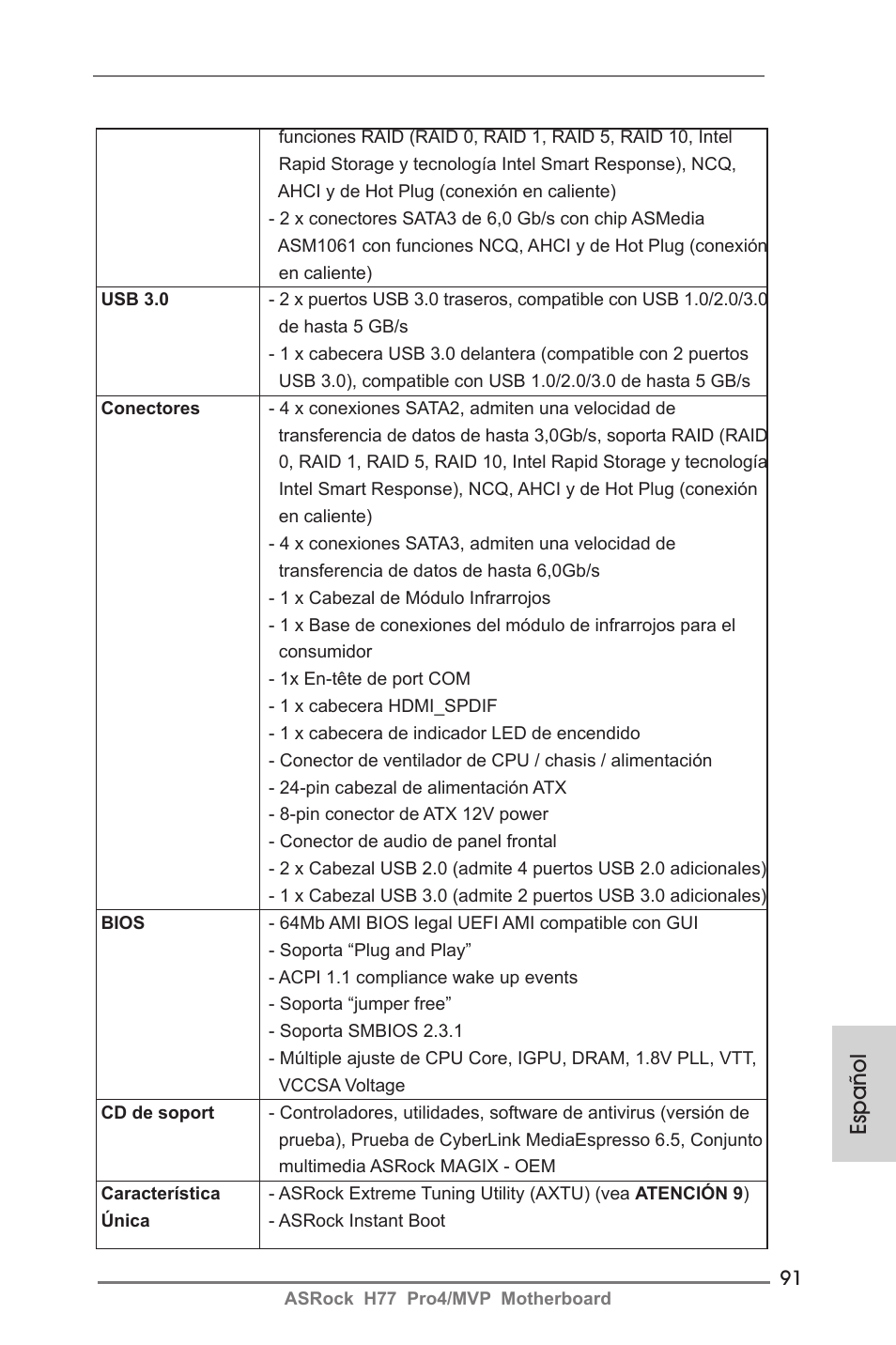Español | ASRock H77 Pro4__MVP User Manual | Page 91 / 208
