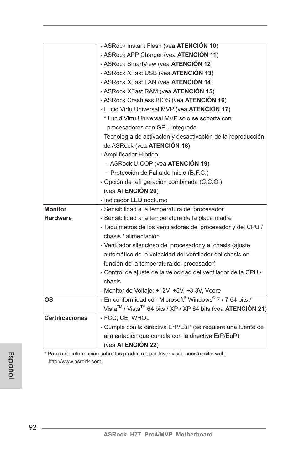 Español | ASRock H77 Pro4__MVP User Manual | Page 92 / 208