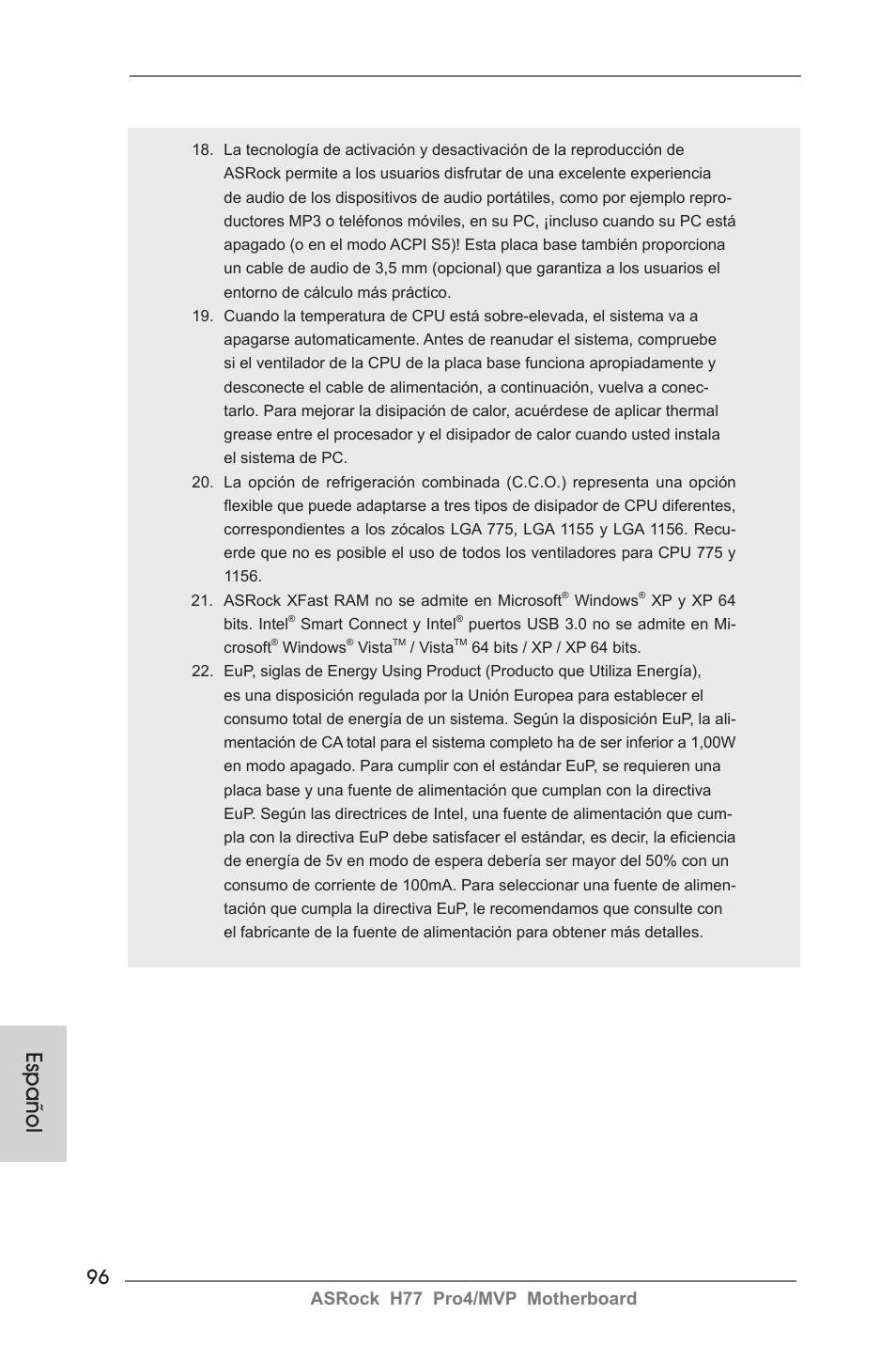 Español, Asrock h77 pro4/mvp motherboard | ASRock H77 Pro4__MVP User Manual | Page 96 / 208