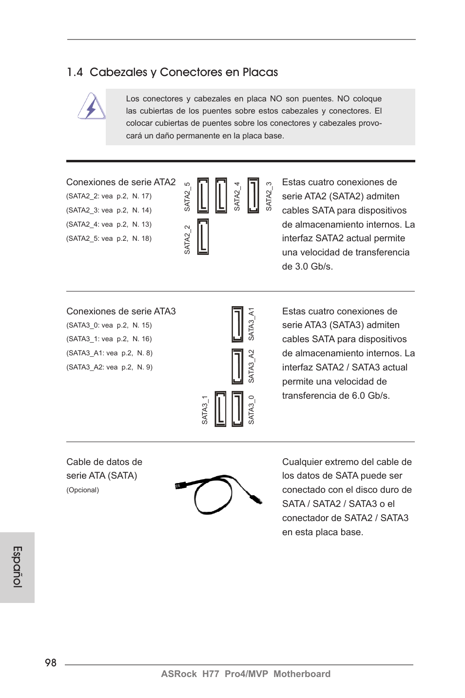 Español 1.4 cabezales y conectores en placas | ASRock H77 Pro4__MVP User Manual | Page 98 / 208