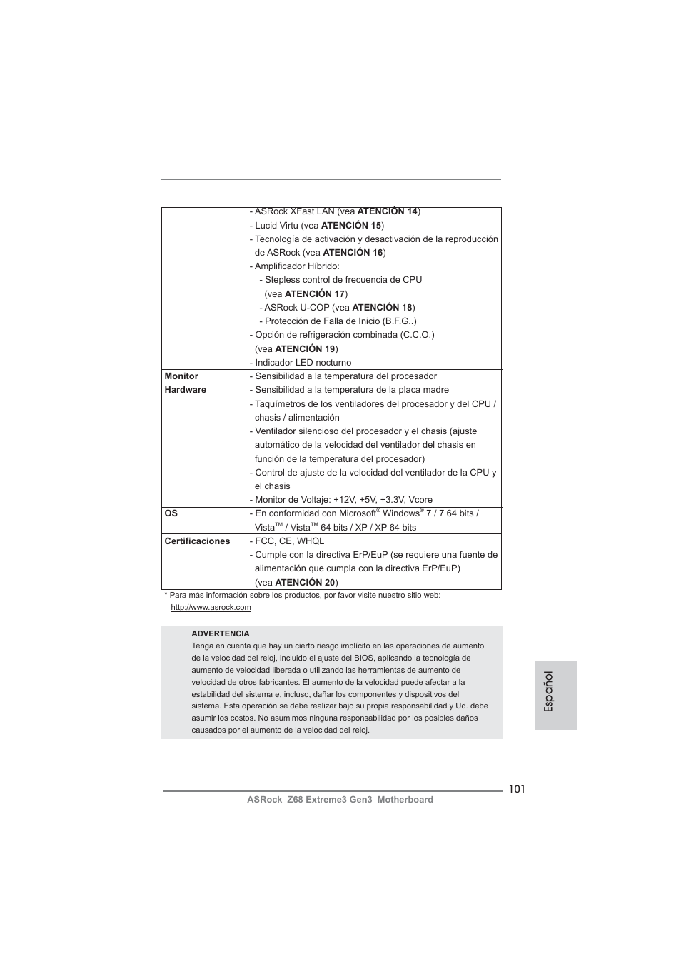 Español | ASRock Z68 Extreme3 Gen3 User Manual | Page 101 / 217