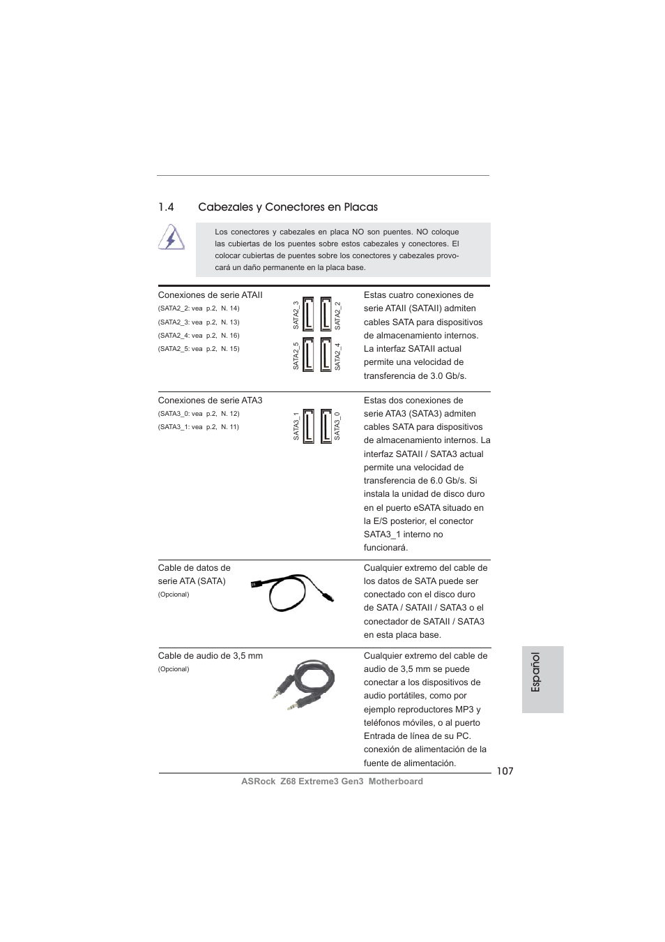 Español 1.4 cabezales y conectores en placas | ASRock Z68 Extreme3 Gen3 User Manual | Page 107 / 217