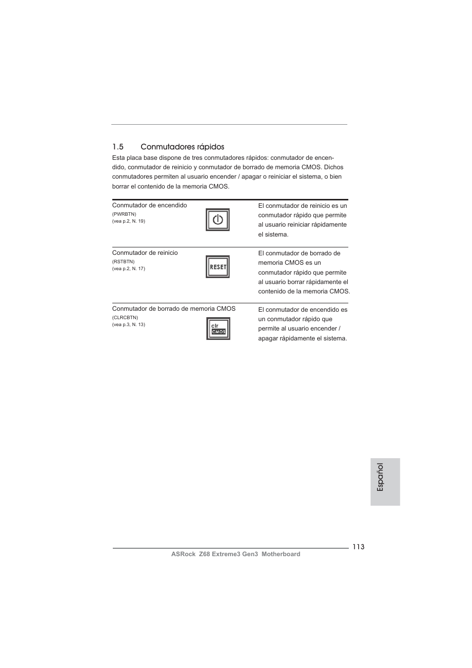 Español 1.5 conmutadores rápidos | ASRock Z68 Extreme3 Gen3 User Manual | Page 113 / 217