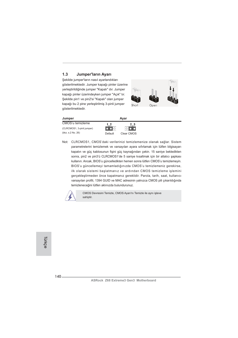 3 jumper'ların ayarı, Türkçe | ASRock Z68 Extreme3 Gen3 User Manual | Page 140 / 217