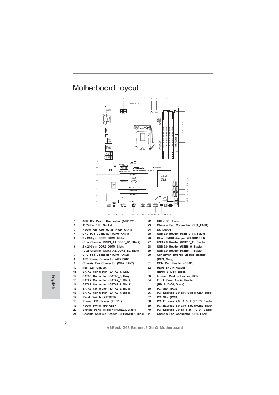 Motherboard layout, English, Pwrbtn rstbtn | Pwr_fan1 cpu_fan1 cpu_fan2 clrcmos1, Cha_fan3 cha_fan2, Pled1 1 hdled reset pled pwrbtn panel1, Speaker1 1, Hdmi_spdif1 lan phy audio codec, Asrock z68 extreme3 gen3 motherboard | ASRock Z68 Extreme3 Gen3 User Manual | Page 2 / 217